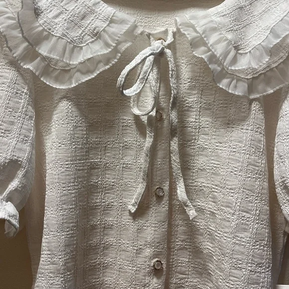 Cocobleu NY Cottagecore Button, Short Sleeve Top, Ruffled Collar, Sz S, White - Picture 3 of 9